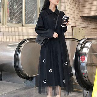 Mesh Panel Midi Shirtdress Black - One Size