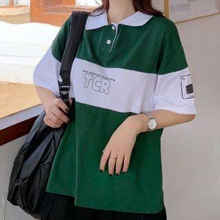 Elbow-sleeve Print Two-tone Polo Shirt
