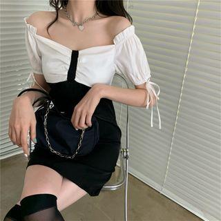 Short-sleeve Two Tone Mini A-line Dress