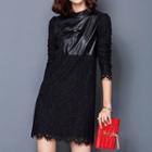 Faux Leather Panel Long-sleeve Lace Dress