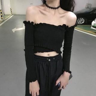 Long-sleeve Ruffle Trim Cropped Knit Top