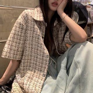 Short-sleeve Plaid Tweed Shirt Shirt - Off-white - One Size