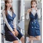Set: Long-sleeve T-shirt + Pinstriped Double-breasted Pinafore Dress