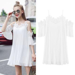 Cutout-shoulder Lace-trim Chiffon Dress