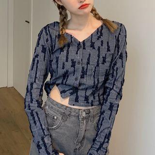 Button V-neck Top Blue - One Size