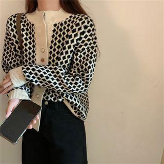 Argyle Pattern Crewneck Fleeced Knitted Cardigan As Shown In Figure - One Size