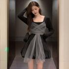 Long-sleeve Square Neck Sheer Panel Plain Dress Black - One Size
