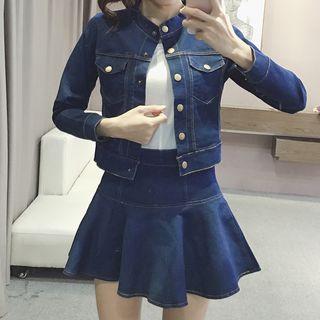 Set: Stand Collar Denim Jacket + A-line Denim Skirt