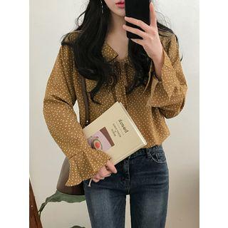 Tie-neck Ruffle-collar Dotted Top