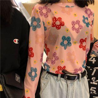 Floral Print Long-sleeve Sheer Top As Shown In Figure - One Size