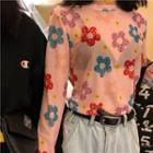 Floral Print Long-sleeve Sheer Top As Shown In Figure - One Size