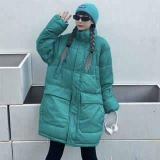 Stand Collar Plain Padded Coat Aqua Blue - One Size