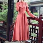 Long-sleeve Mock Neck Embroidered Midi A-line Dress