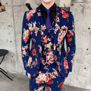 Set: Flower Print Single Button Blazer + Single-breasted Vest + Cropped Skinny Pants