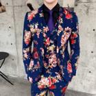 Set: Flower Print Single Button Blazer + Single-breasted Vest + Cropped Skinny Pants