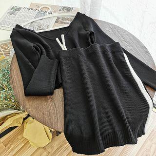 Set: Ribbed Knit Top + Knit Skirt Black - One Size
