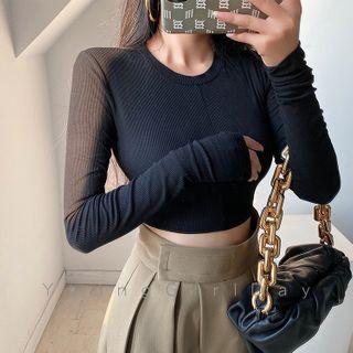 Plain Long-sleeve Slim-fit Crop Top - 3 Colors