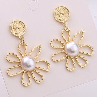 925 Sterling Silver Faux Pearl Hollow Flower Drop Earring 925 Silver Hook Earring - Gold - One Size