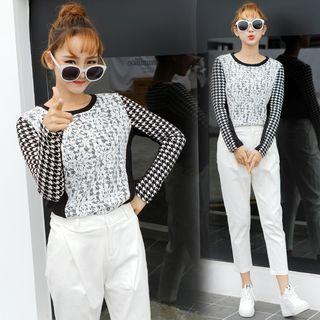 Lace Overlay Houndstooth Long Sleeve Top