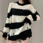Striped Distressed Knit Top Black & White - One Size