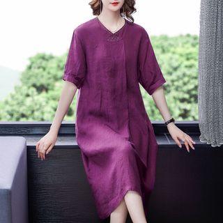 E;bow-sleeve V-neck Midi Shift Dress