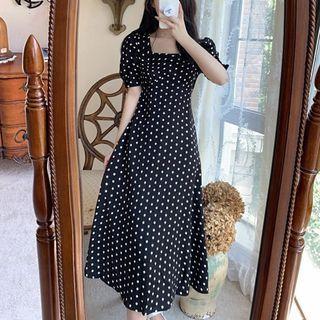 Short-sleeve Square-neck High-waist Dotted Dress
