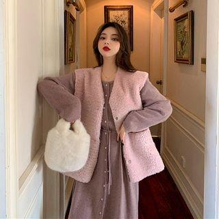 Tie-waist Midi Knit Dress / Faux Shearling Buttoned Vest