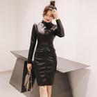 Faux Leather Stand-collar Sheath Dress