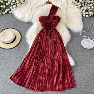 One-shoulder Shirred Maxi A-line Dress