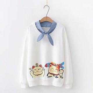 Fortune Cat Print Mock Two-piece Pullover