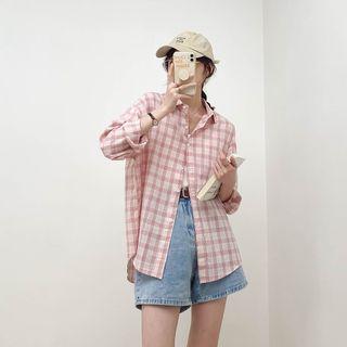 Color-block Plaid Button-up Oversize Shirt