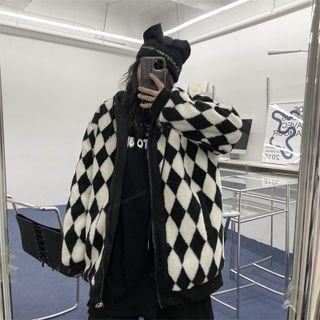 Mock Two-piece Argyle Hooded Fleece Zip-up Jacket