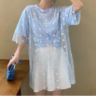 Short-sleeve Floral Print Mesh Overlay T-shirt