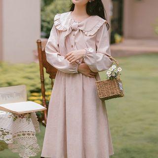 Tie-neck Long-sleeve Corduroy A-line Dress