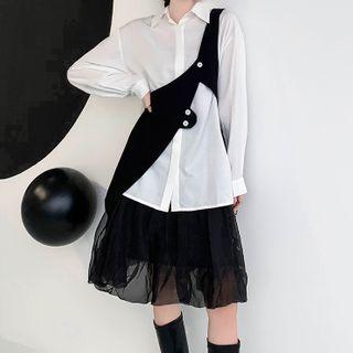 Set: Plain Shirt + One-shoulder Button-up Vest