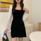 Puff-sleeve Two Tone A-line Dress Black - One Size