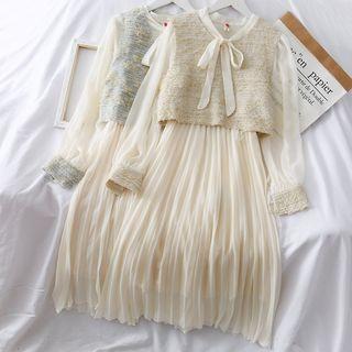 Set: Ribbon-neckline Pleated A-line Dress + Glitter Vest