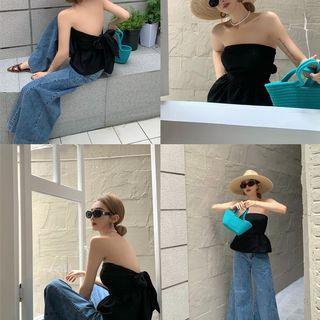 Ruffle Trim Tube Top / Wide Leg Jeans
