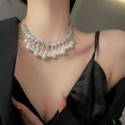 Faux Pearl Rhinestone Fringed Alloy Choker 1pc - White & Silver - One Size