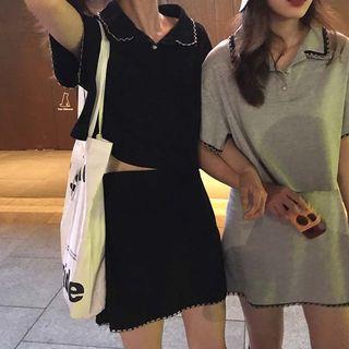 Set: Elbow-sleeve Contrast Trim Polo Shirt + A-line Mini Skirt