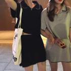 Set: Elbow-sleeve Contrast Trim Polo Shirt + A-line Mini Skirt