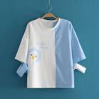 Duck Print Round Neck Cut-out Sleeve T-shirt