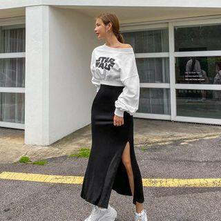 Band-waist Slit-side Maxi Swing Skirt