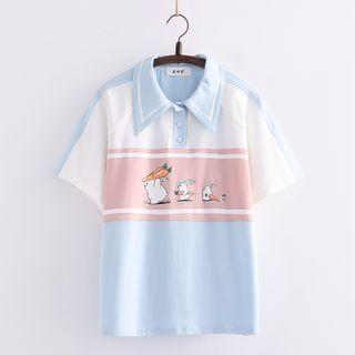 Short-sleeve Rabbit Print Color Block Polo Shirt