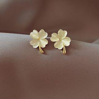 Cat Eye Stone Clover Stud Earring 1 Pair - Silver Needle Earring - Gold - One Size