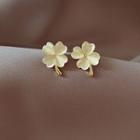Cat Eye Stone Clover Stud Earring 1 Pair - Silver Needle Earring - Gold - One Size