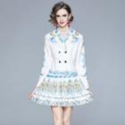 Set: Floral Double-breasted Blazer + Pleated Mini A-line Skirt