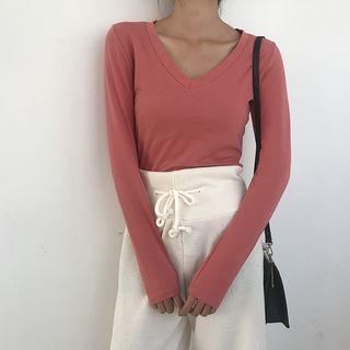 Long Sleeve V-neck Plain Tee