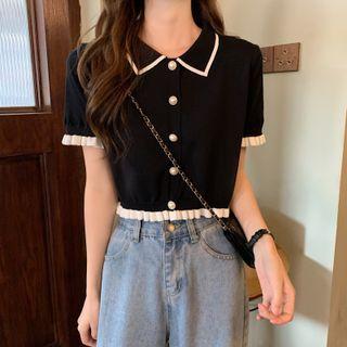 Short-sleeve Polo Collar Contrast Ruffle Trim Knit Top
