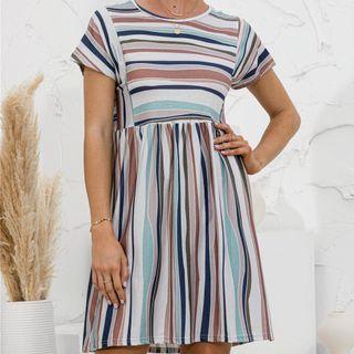 Stripe Print Short-sleeve Mini A-line Dress